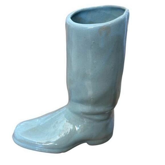 VINTAGE MCM Pottery Cowboy Boot Vase Planter Decor 8” Tall Light Blue - Picture 1 of 8